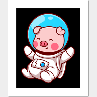 Cute Pig Astronaut Floating Cartoon Posters and Art